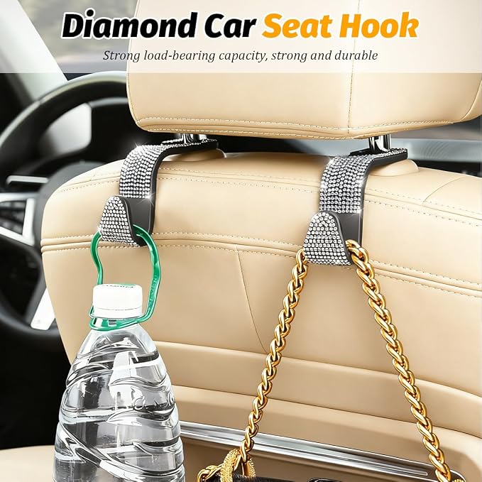 HZEL Bling Car Seat Headrest Hooks, 4PCS Crystal Rhinestone Vehicle Seat Back Hanger Holder for Purses Bag Handbags, Diamond Headrest Storage Organizer, Universal Auto Accessories (Red)