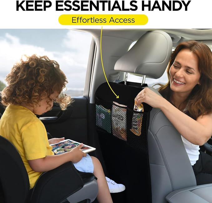 Back Seat Cover For Kids + 3 Pocket Storage Organizer, 2 Pack X-Large Waterproof Kick Mats Backseat Protector, Car Seat Back Protectors For Vehicles To Protect From Dirt, Mud & Scratches