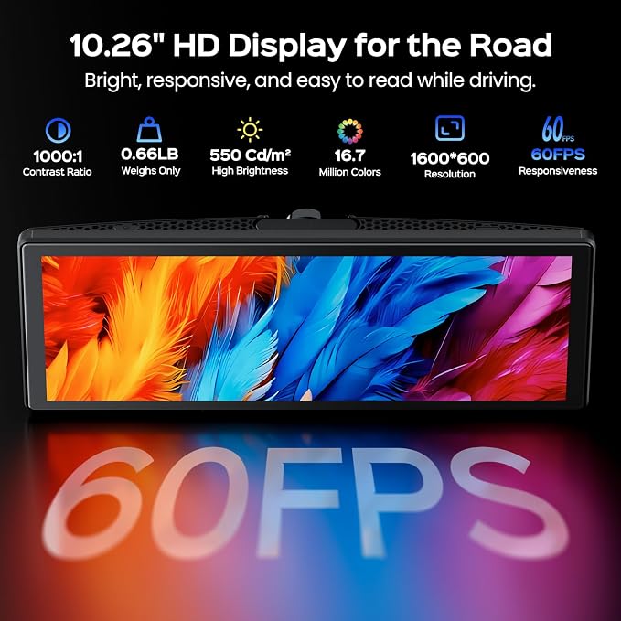 10.26" Portable Apple CarPlay Screen for Car with Rotatable 4K Dash Cam, Wireless CarPlay & Android Auto Display with 1080P Backup Camera, 64GB Card Included, GPS Navigation, Voice Control