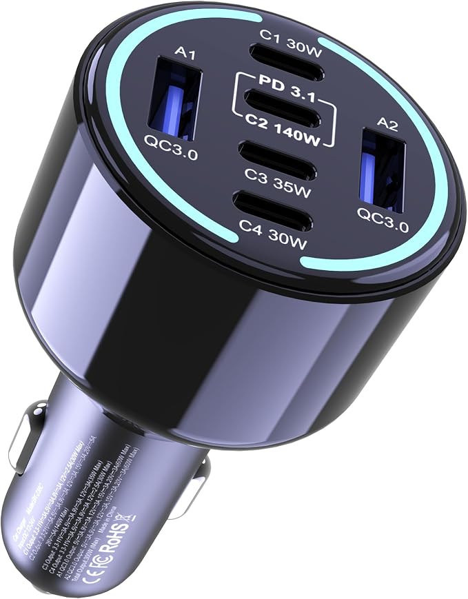 CHIPOFY 300W USB C Car Charger, 6 Ports (4 USB C + 2 USB A) - PD3.1 140W PPS 45W QC 60W Super Fast Charging Car Adapter for MacBook Laptop, iPhone 16 15 Pro Max, iPad, Galaxy S24/S23 Ultra etc
