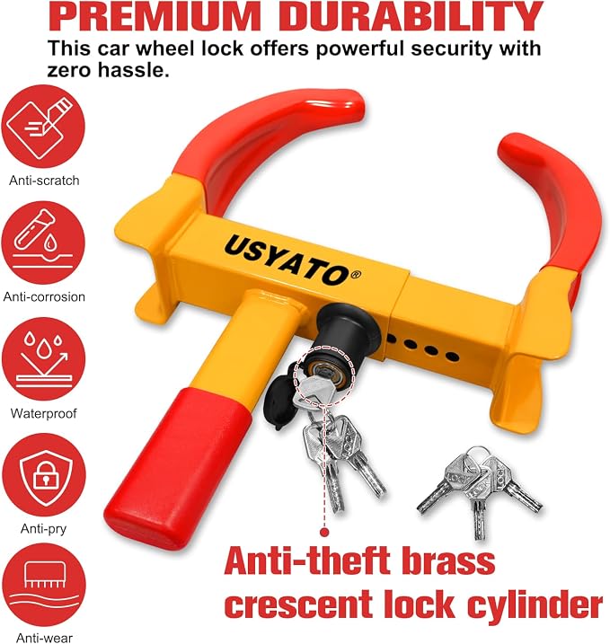 2Pcs Universal Heavy Duty Wheel Lock - Anti Theft Trailer Lock & Car Boot, Adjustable Security Tire 11.4" for Trailers, Cars, Golf Cart, ATV, SUV, RV, Boat, Camper, Motorcycle,6 Keys,Yellow+Red