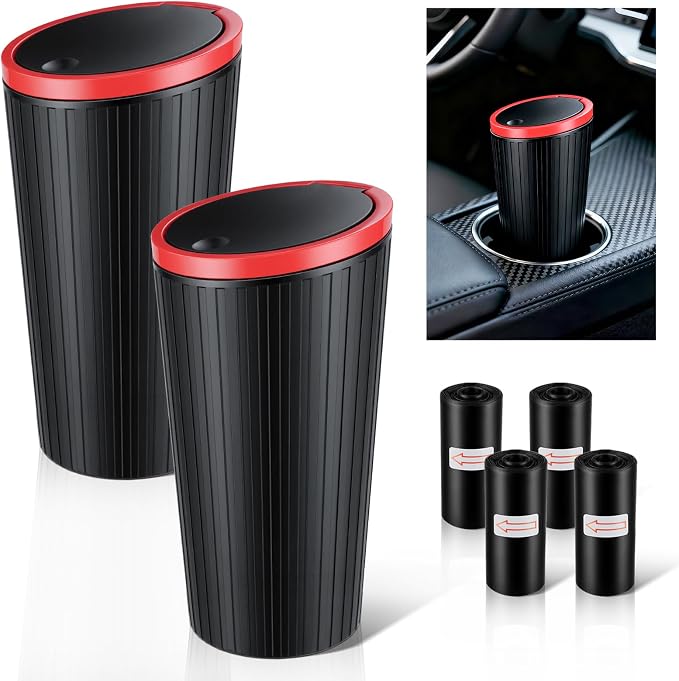 2PCS Car Trash Can with Lid, Leakproof Mini Garbage Bin for Car Cup Holder, Small Trash Can for Vehicle, Home & Office - Includes 60 Bags, Easy Clean (Black-Red)