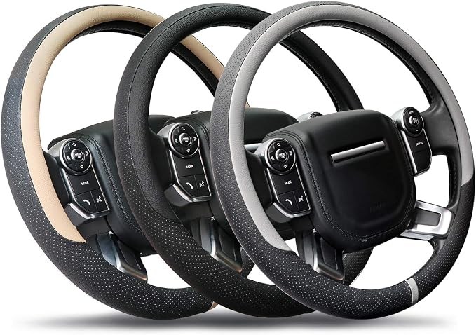 Breathable Car Steering Wheel Cover 16 inch Auto Universal Leather Wrap Non-Slip Steeringwheel Protector Automotive Interior Accessories, Beige (Suit for 15 1/2-16 inch)