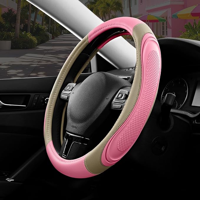 Car Steering Wheel Cover - Microfiber Leather Steering Wheel Wrap Sports 14.5-15 Inch Steering Wheel Cover Non-Slip for Men Women Pink & Beige Color