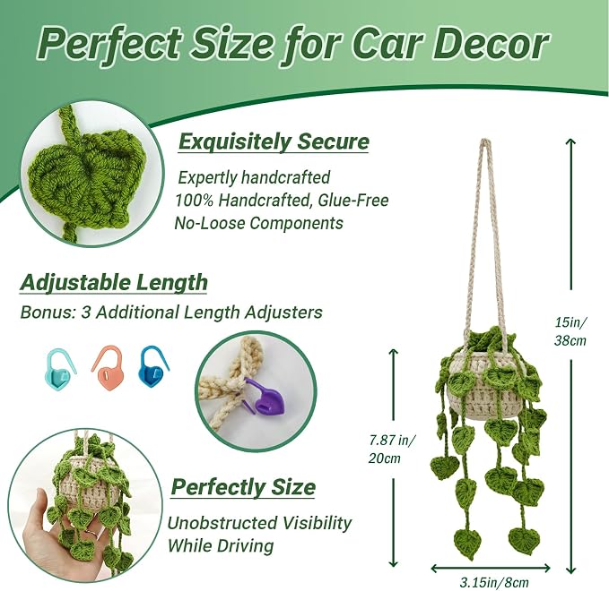 Crochet Hanging Plant for Car,Car Decorations Interior,Plant Aesthetic Car Accessories for Women Interior Cute,Car Ornaments Charms for Rear View Mirror,Boho Car Decoration Gifts