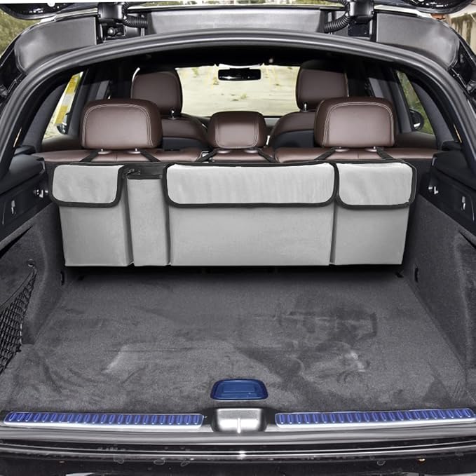 Car Trunk Organizer, Backseat Hanging Large Storage with Adjustable Straps, Waterproof Collapsible Cargo Bag with 4 Pockets, Sturdy Space Saver Frees Trunk Floor for SUV, Truck, MPV