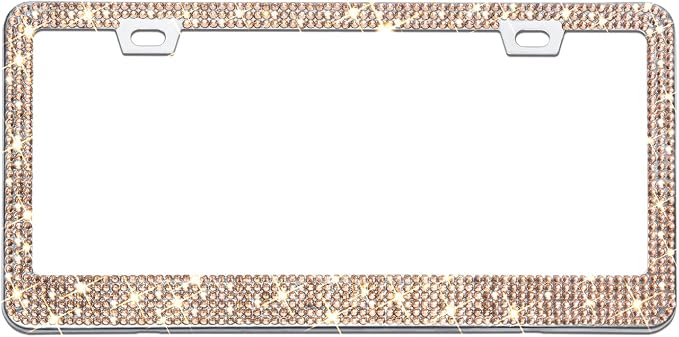 Bling License Plate Frame for Women, 1PCS Sparkly License Plate Frames| Over 1200 pcs 14 Facets Bedazzled Clear Glass Diamond Rhinestone Crystals w/Free Glitter Diamond Box (Champagne)