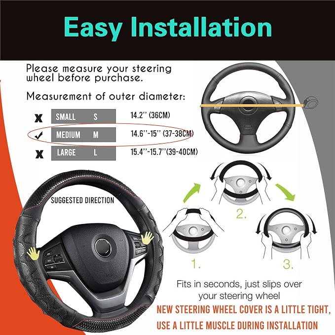 Steering Wheel Cover Great Grip with 3D Honeycomb Anti-Slip Design, Universal 14.5-15 Inch (Black/Red Stitch)