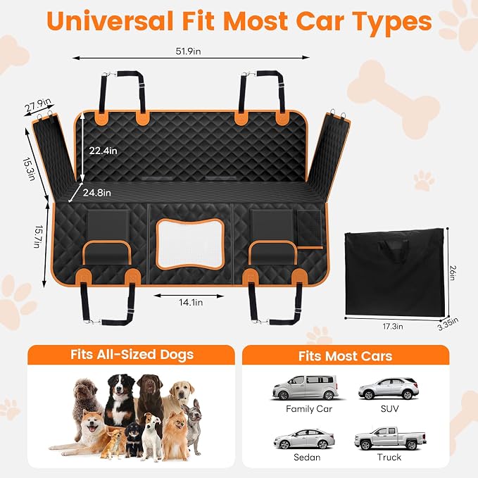 Dog Seat Cover for Back Seat, Hard Bottom Car Seat Cover for Dogs | Back Seat Extender Holds 500 lbs, Waterproof Back Seat Pet Cover for Dogs, Dog Hammock Travel Accessories for Car,SUV,Truck