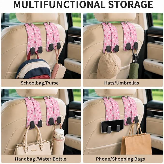 Cute Pink Paw Car Seat Back Storage Headrest Hooks for Purses & Bags – 2PCS PU Leather Dual Metal Hooks, Backseat Organizer Accessories