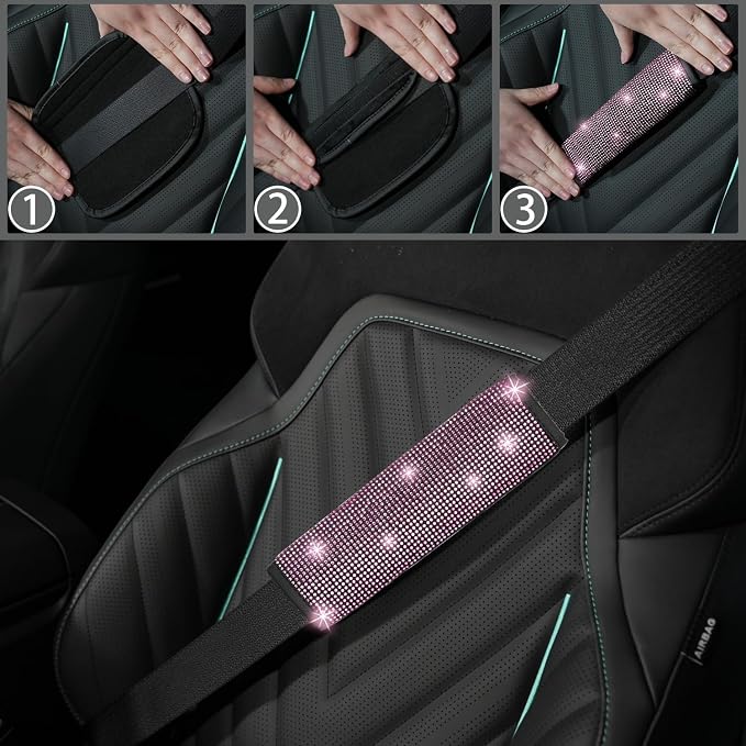 12 Pcs Bling Car Accessories Set for Women Car Floor Mats Full Set Steering Wheel Cover Seat Belt Covers Coasters Universal Fit Car SUV Truck Van Pink
