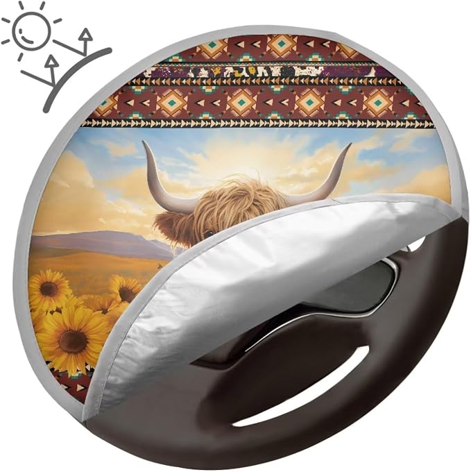 Aztec Steering Wheel Cover Sun Shade 17 inch Cute Highland Cow Sunflower Car Steering Wheel Accessories for Women Universal Steering Wheel Protection Heat Reflector for Most Cars SUV Trucks