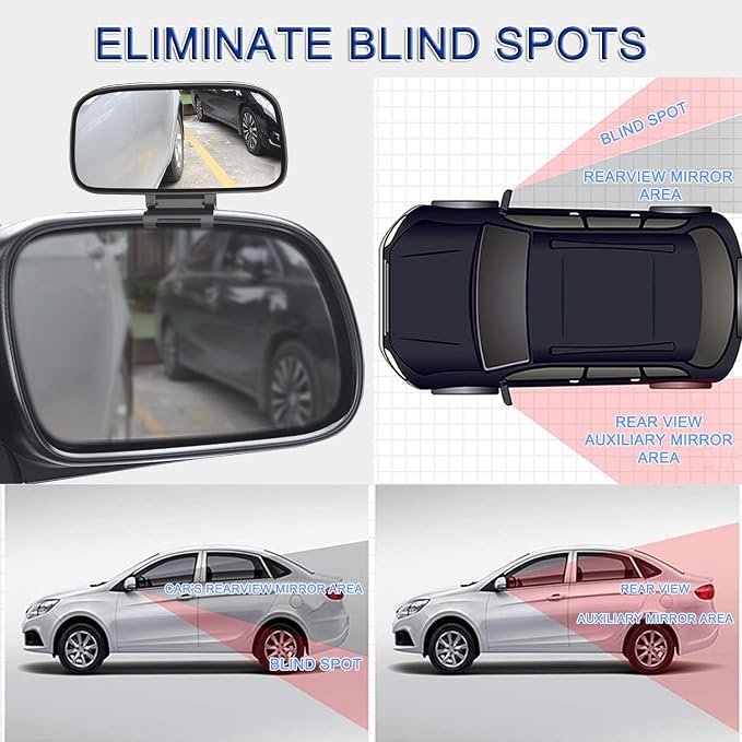 Blind Spot Mirror - Adjustable 360 Rotation Car Auxiliary Convex Wide Angle Mirror - Snap-On Clip for Side Rearview - Universal for Cars, Trucks, SUVs