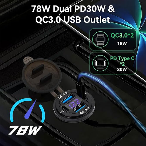 12V USB Outlet 4-Port, 78W Dual PD30W & QC3.0 Fast Charger, Waterproof Aluminum Alloy 12v Power Outlet with Blue Voltmeter for Cars RVs Boats Golf Carts Trucks Motorcycles