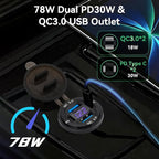 2 Pack 12V USB Outlet 4-Port, 78W Dual PD30W & QC3.0 Fast Charger, Waterproof Aluminum Alloy 12v Power Outlet with Blue Voltmeter for Cars RVs Boats Golf Carts Trucks Motorcycles