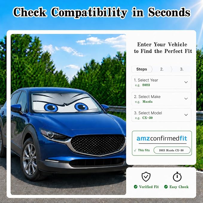 Car Windshield Sun Shade, Universal Fit Compact Sedan SUV, Sport Silver | 59 x 27.5" Car Sun Visor, Foldable Front Window Sunshade, UV Heat Protection, Cute Eyes Series