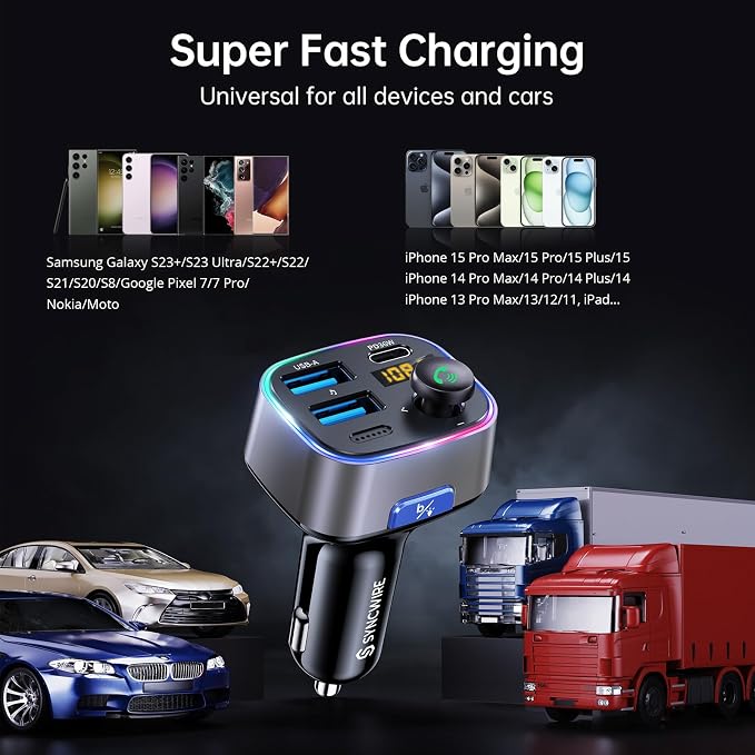 Bluetooth 5.4 FM Transmitter Car Adapter 48W (PD 36W & 12W) [Light Switch] [Hi-Fi Deep Bass] [Fast Charge] Wireless Radio Music Adapter LED Display Hands-Free Calling Support USB Drive