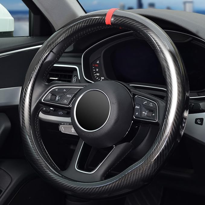 Steering Wheel Cover Carbon Fiber, Universal Standard Size 14.5-15 inch Car Steering Wheel Accessories for Men, Black
