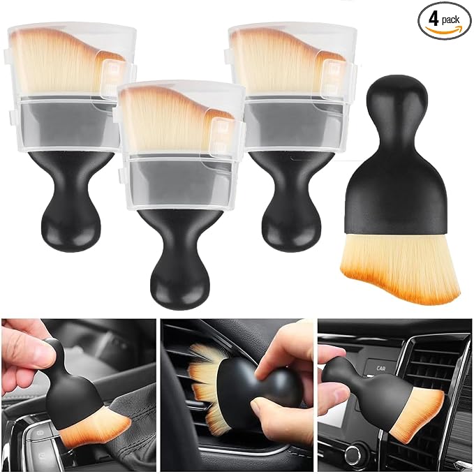 4 Pcs Car Interior Cleaning Soft Brushes,Car Interior Detailing Brush,Car Cleaning Brush Dust Collectors, Car Interior Cleaning Soft Brushes,Curved Design Dirt Dust Clean Brushes
