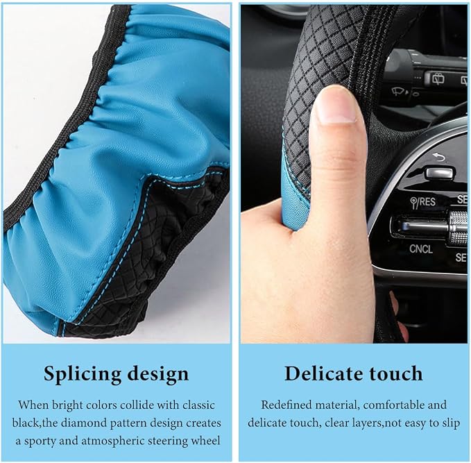 Car Steering Wheel Cover, 15 Inch Anti-Slip Stretch Leather Steering Wheel Protector, Comfortable Breathable Sporty Steering Wheel Cover for Women Men, Car Accessories (Black & Blue, AD)