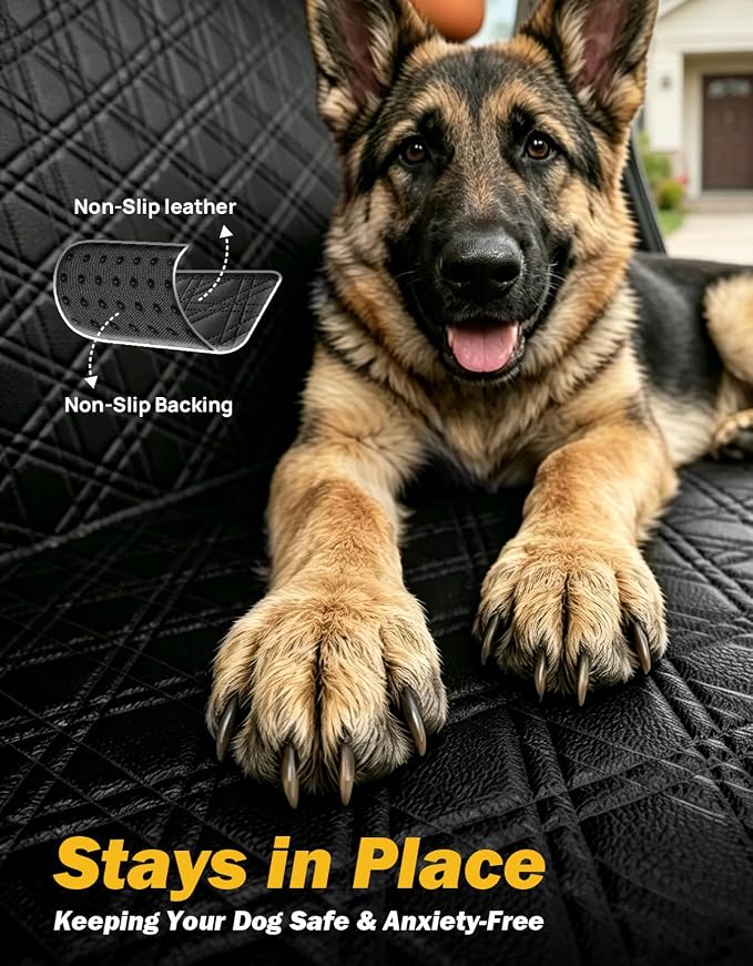 Back Seat Extender for Dogs, PU Leather Dog Car Seat Cover with Hard Bottom, Dog Hammock with Mesh Window, Dog Car Seat Cover for Full Size Truck&SUV, Holds 440 lbs