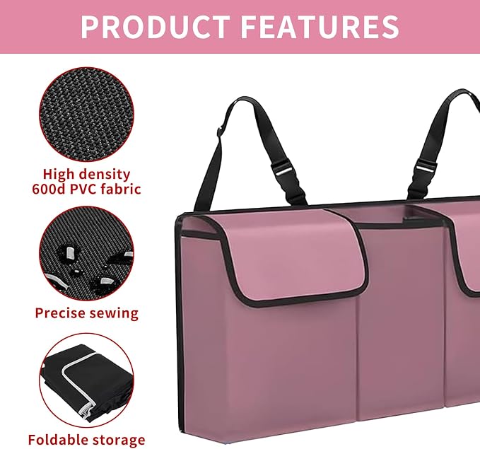 Car Trunk Organizer, Backseat Hanging Large Storage with Adjustable Straps,Waterproof PVC Collapsible Cargo Bag, Car Interior Accessories for Auto SUV MPV (Pink)