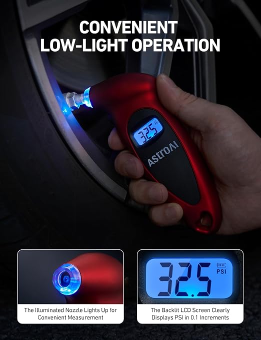 Digital Tire Pressure Gauge 0-150PSI Calibrated to ANSI B40.7 +/-1PSI, Accurate in 0.1 Increments, Tire Repair Tools 4 Pressure Measurements for Car Truck with Backlight LCD, Red