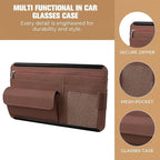 Car Sun Visor Organizer with Zipper Pocket, Multi-Pocket Vehicle Visor Storage Pouch with Card Sleeve, Eyeglasses Holder Box, Auto Interior Sunvisor Organizer Pocket, Universal Fit (Brown)