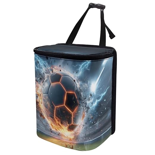 Soccer Ball Lightning Print Car Trash Can with Lid, Leak Proof Auto Trash Bag Hanging Vehicle Garbage Can Multipurpose Storage Container for Back Seat Road Trip