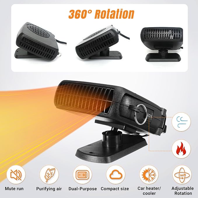 Car Heater, 200W Portable Windshield Defroster Fast Heating and Cooling Auto Defogger Window Defroster Automobile Windscreen Heaters Plug in Cigarette Lighter Heaters with 360 Degree Rotary (12V)