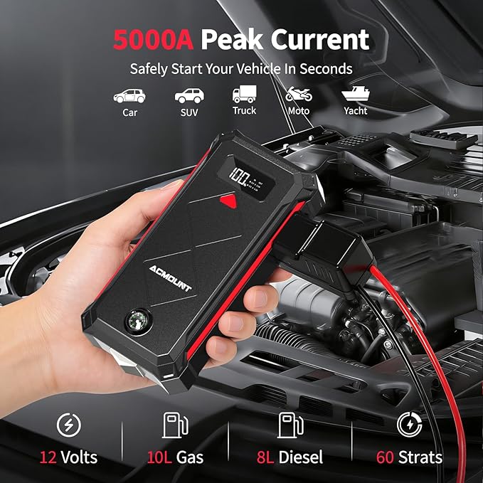 P100 Car Jump Starter, 5000A Peak Lithium Jump Starter Battery Pack for Up to 10.0L Gas or 8.0L Diesel Engine, Safe 12V Portable Battery Starter Power Pack with LED Screen & LED Light