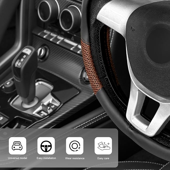 Sun Walker Steering Wheel Cover, 15 inch Breathable Steering Wheel Protector with Anti-Slip Lining, Comfortable Wheel Wrap Cover for Most Vehicles, Universal Car Accessories (Coffee)
