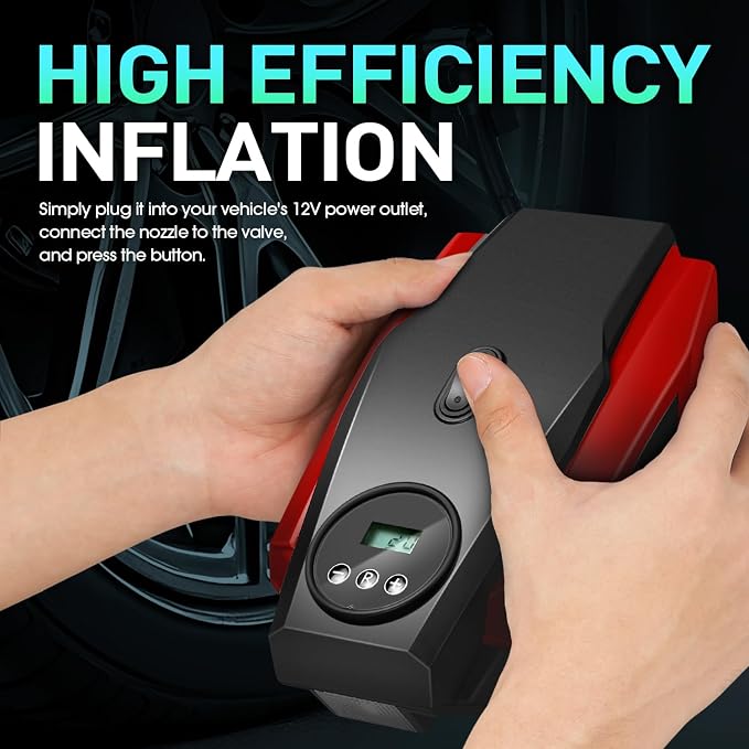 Tire Inflator Portable Air Compressor, 12V DC Air Pump for Car Tires, Bike, Motorcycle, Ball, Electric Bike Tire Pump with Pressure Gauge, LED Light, Auto Shut Off, Red, TOOLS-00679-RD