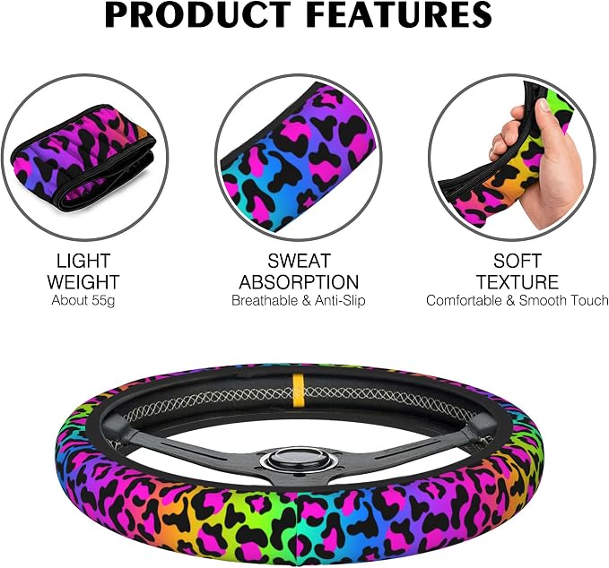 Rainbow Leopard Steering Wheel Cover,Cheetah Spots Elastic Non-Slip Steering Wheel Protector,Auto Interior Decor for Women Girls,Universal 15" Fit for Sedans,Trucks