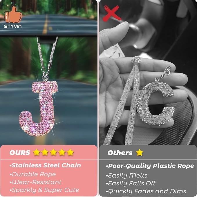 Bling Pink Car Accessories for Women Letter Charm, Rainbow Color Rear View Mirror Cute Crystal Pendant Car Decorations, Lucky Gifts Girly Diamond Rhinestone Charm Interior J