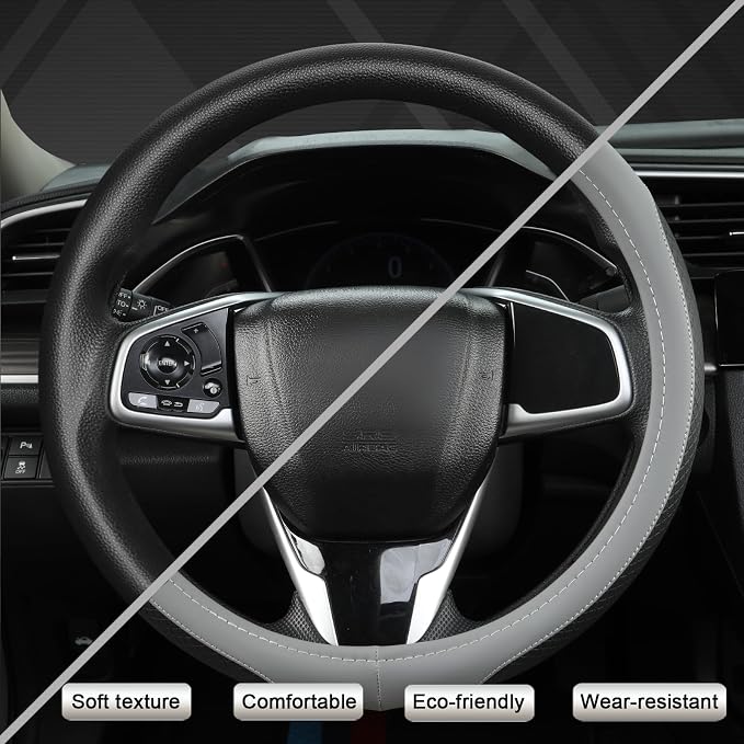 Customized Auto Car Steering Wheel Cover for Honda Accord Civic CR-V HR-V Pilot Fit Passport Odyssey 14.5-15inch(Black+Gray-Standard Size)