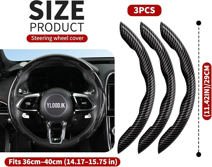 Universal Steering Wheel Cover,Carbon Fiber,3pcs Set(Black) | Clip-On Segmented Fit;Carbon Fiber Look;Fits Most 14-16 in Round or D-Shaped Wheels;Easy Wipe Clean;Non Slip;4 Colors