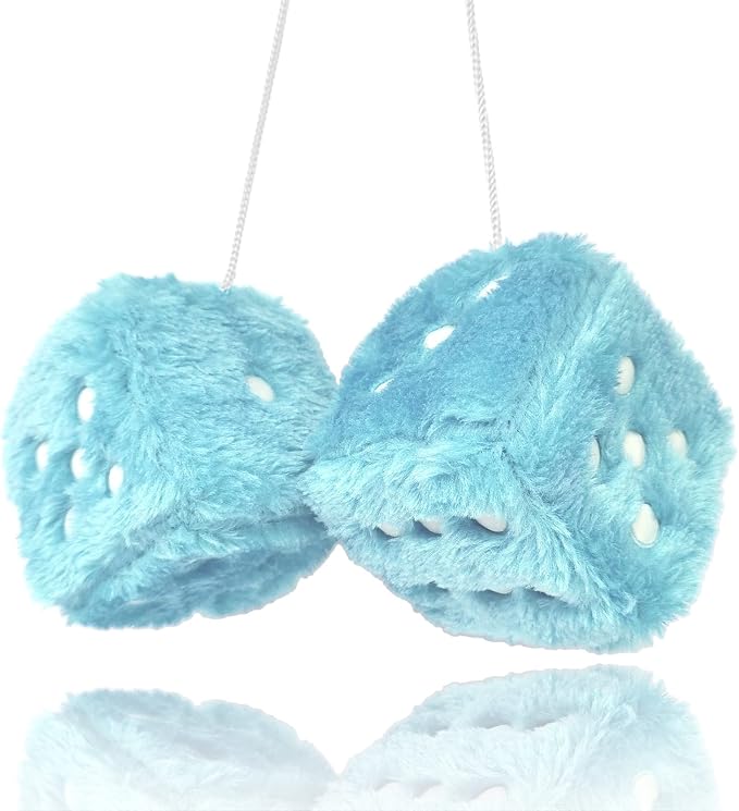 Fuzzy Plush Dice for Car Mirror, Pair of Retro 3” Light Blue Dice with White Dots for Car Interior Hanging Ornament Decoration (Blue)