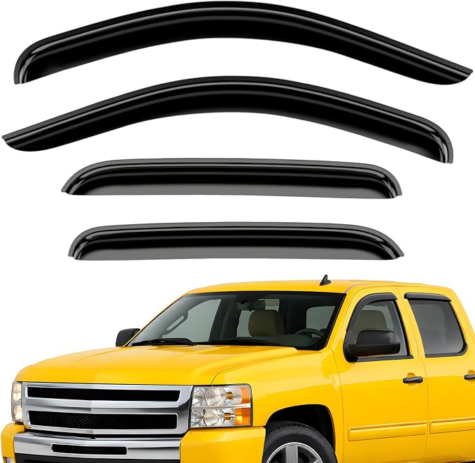 Extra Durable Window Deflectors Tape-On Window Visors Rain Guards Fit for Chevrolet (Chevy) Silverado/GMC Sierra 2007-2013 Crew Cab, Sun Visors, Wind Vent for Shades, Car Accessories - 4 pcs. AG0012
