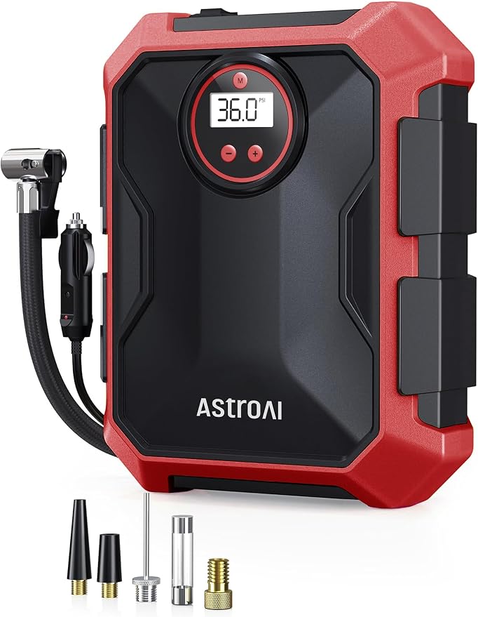 Tire Inflator Portable Air Compressor 12V DC 100PSI, Integrated Storage, Digital Gauge, Auto Shut-Off Fast Inflation LED Light, Air Pump for Car Tires Bike Motorcycle Other Inflatables, Red
