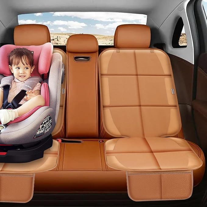 Car Seat Protector for Child Car Seat, Durable 600D Fabric Waterproof Car Seat Cover with Thick Pad Non-Slip Backing，No Imprints (Tan-2 pcs)