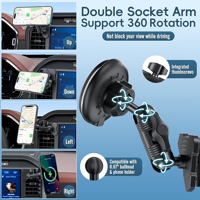 Wireless Charger Magnetic Vent Phone Mount Compatible with 2021-2026 Ford F-150, 2023-2026 Super Duty F250/F350/F450, Metal Phone Holder Cradles Bracket Stand with Arm for All Smartphone