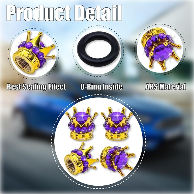 4PCS Crown Bling Tire Stem Valve Caps, Crystal Diamond Car Wheel Tire Valve Caps Universal Copper Core Stem Covers for Cars, SUV, Trucks, Bikes, Motorcycles, Bicycles (Gold & Purple)