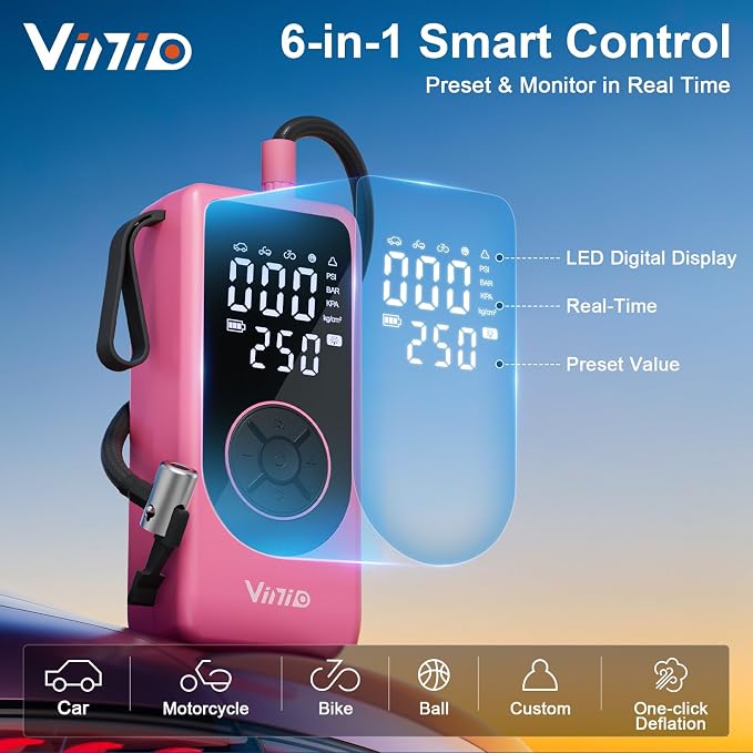 Tire Inflator Portable Air Compressor, 6000mAh Battery with Cigarette Lighter Adapter, 90W Fast Inflation, 6 Modes, Digital Display, Storage Bag & Handle, for Car Tires, Bike, Motorcycle, Ball