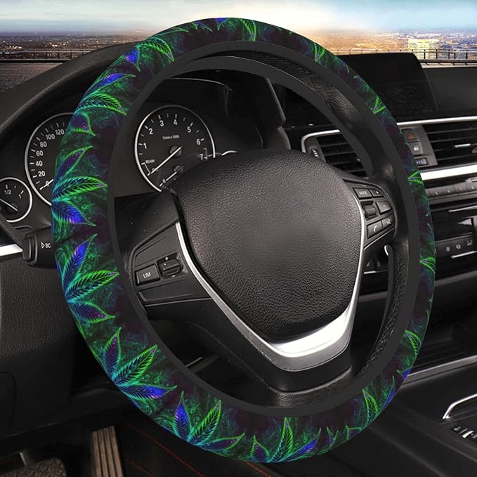 Elastic Car Steering Wheel Cover,Psychedelic Cannabis Leaf Weed Plant Protector Upgrade Thicken,Durable Soft Car Accessories for Diverse Cars Truck SUV for Men Women Universal 15 Inch