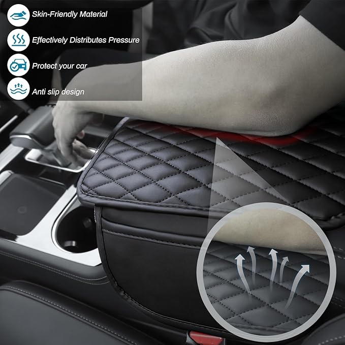 Car Center Console Cover, Upgraded Microfiber Leather Car Arm Rest Cover with 2 Storage Bags, Universal Armrest Cover for Car Storage Box Car Interior Accessories Protector for Most Vehicle