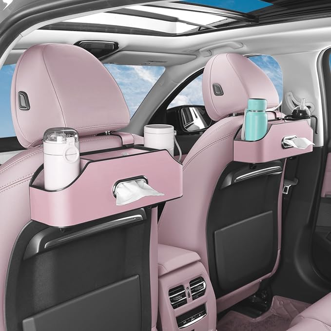 Car Back Seat Organizer with 2 Drink Cup Holder - Tissue Box and Storage Box Hook - Multi-functional Storage - Great for Kids and Travel (Pink)