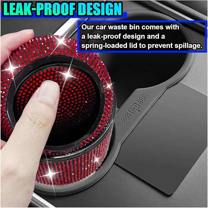 Bling Car Trash Can with Lid, Rhinestone Leakproof Waterproof Auto Cup Holder Garbage Bin, Portable Multipurpose Vehicle Dustbin and Organizer for Home Office Kitchen Bedroom (Red)