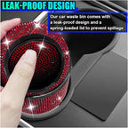 Bling Car Trash Can with Lid, Rhinestone Leakproof Waterproof Auto Cup Holder Garbage Bin, Portable Multipurpose Vehicle Dustbin and Organizer for Home Office Kitchen Bedroom (Red)
