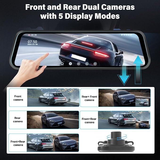 Rear View Mirror Camera, Mirror Dash Cam for Car 1080P Front & Rear Mirror Cameras 9.66 Inch HD IPS Full Touch Screen 64G Card Night Vision Motion Detection Loop Recording 24H Parking Monitor